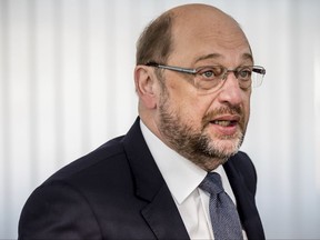 The Social Democratic Party of Germany, SPD,  candidate for Chancellor, Martin Schulz, arrives for  a meeting of board members in Berlin, Germany,  Monday, Aug. 14, 2017. (Michael Kappeler/dpa via AP)