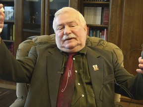 FILE - In this April 16, 2016 file photo, Poland's former president and democracy icon Lech Walesa speaks to The Associated Pressin Gdansk, Poland. Poland's special prosecutors say Tuesday Aug. 22, 2017 they are currently investigating whether Walesa made false statements during sworn testimony some months ago. (AP Photo/Czarek Sokolowski)