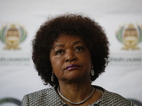 National Assembly Speaker Baleka Mbete attends a news conference in Cape Town, South Africa, Monday, Aug. 7, 2017.  South Africa's parliament will vote by secret ballot on a motion of no confidence on South African President Jacob Zuma on Tuesday, the legislative body's speaker announced Monday. (AP Photo/Mark Wessels)