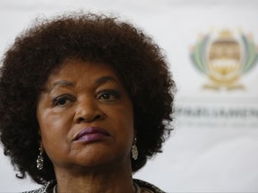National Assembly Speaker Baleka Mbete at a news conference in Cape Town, South Africa, Monday, Aug. 7, 2017.  South Africa's parliament will vote by secret ballot on a motion of no confidence on South African President Jacob Zuma on Tuesday, the legislative body's speaker announced Monday. (AP Photo/Mark Wessels)