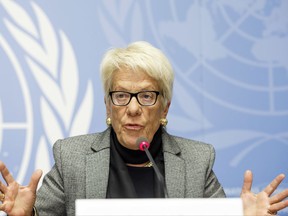 FILE - In this Feb. 8, 2016 file photo, Switzerland's Carla del Ponte, member of the Commission of Inquiry on Syria, attends a press conference about the report "Out of Sight, Out of Mind: Deaths in Detention in the Syrian Arab Republic" at the European headquarters of the United Nations in Geneva, Switzerland. Former war crimes prosecutor Carla Del Ponte says in comments published Sunday, Aug. 6, 2017  she is resigning from the U.N.'s independent Commission of Inquiry on Syria, decrying Security Council inaction to hold criminals accountable in the war-battered country where "everyone is bad."  (Salvatore Di Nolfi/Keystone via AP,file)