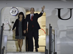 U.S. Vice President Mike Pence and his wife Karen Pence arrive in Buenos Aires, Argentina, Monday, Aug. 14, 2017. Pence will be in Argentina for a official visit until Wednesday, when he will be heading to Santiago, Chile. (AP Photo/Natacha Pisarenko)