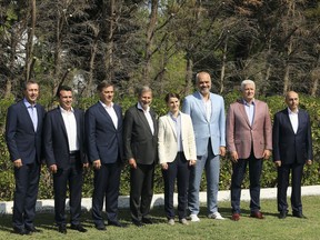 From left to right, World Bank Vice President Cyril Muller, Macedonia's Prime Minister Zoran Zaev, Bosnia Hercegovina's Prime Minister Denis Zvizdic, The European Union's enlargement commissioner Johannes Hahn, Serbia's Prime minister Ana Brnabic, Albania's Prime Minister Edi Rama, Montenegrin Prime Minister Dusko Markovic, and Kosovo's Prime Minister Isa Mustafa, pose for a group photo at an informal meeting of Western Balkans countries in the Albanian port city of Durres, 33 kilometers (20 miles) west of Tirana, Albania, Saturday, Aug. 26, 2017. Prime ministers from Western Balkans countries have gathered for an informal meeting to discuss deepening regional economic cooperation as part of the process for joining the European Union. (AP Photo/Hektor Pustina)