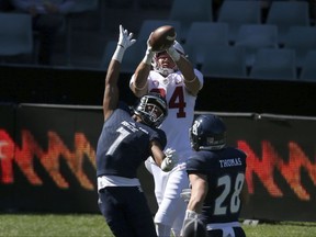 Stanford's tight end Colby Parkinson, back, catches a touchdown pass behind the defence of Rice's cornerback Justin Bickham during the opening game of the U.S. college football season in Sydney, Sunday Aug. 27, 2017. (AP Photo/Rick Rycroft)