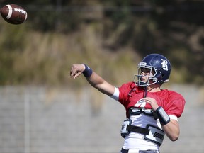 U.S. college Rice's football player Sam Glaesmann throws a ball as his team trains ahead of the season opening game against Stanford in Sydney, Thursday Aug. 24, 2017. The game will be played on Sunday. (AP Photo/Rick Rycroft)