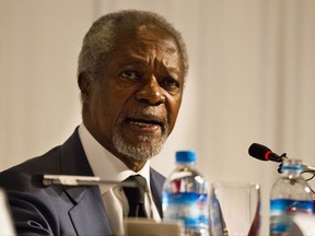 Former U.N. Secretary General and Chairman of the Advisory Commission on Rakhine State Kofi Annan talks to journalists during a press briefing on the final report on Rakhine State, Thursday, Aug. 24, 2017, in Yangon, Myanmar. (AP Photo/Thein Zaw)