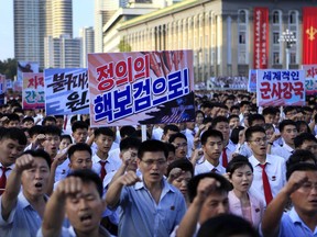 Tens of thousands of North Koreans gather to protest  the United Nations' latest round of sanctions on Wednesday Aug. 9, 2017, in Pyongyang, North Korea.
