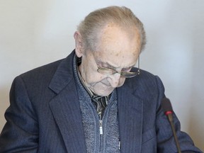 In this Sept. 12, 2016 file photo Hubert Zafke, a former SS medic who served at the Auschwitz death camp, sits in a courtroom ahead of his trial in Neubrandenburg, eastern Germany