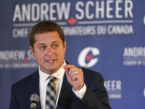 Conservative Leader Andrew Scheer speaks at his shadow cabinet meeting in Winnipeg, Thursday, September 7, 2017.