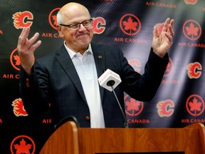 Calgary Flames President and CEO Ken King speaks to reporters at a press conference at the Scotiabank Saddledome in Calgary on Sept. 15.