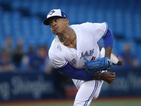 Marcus Stroman #6 of the Toronto Blue Jays delivers a pitch in the first inning during MLB game action against the Baltimore Orioles at Rogers Centre on September 13, 2017 in Toronto, Canada.