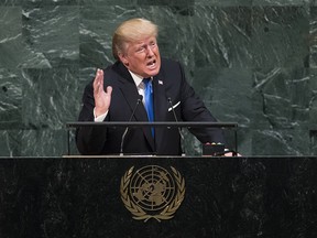 U.S. President Donald Trump addresses the United Nations General Assembly at UN headquarters, September 19, 2017 in New York City.