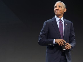 Former U.S. President Barack Obama prepares to leave the Gates Foundation Inaugural Goalkeepers event after speaking there on Sept. 20, 2017 in New York City.