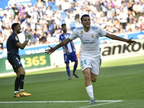 Real Madrid's Dani Ceballos celebrates his second goal after scoring against Alaves during the Spanish La Liga soccer match between Real Madrid and Alaves, at Mendizorra stadium, in Vitoria, northern Spain, Saturday, Sept.23, 2017. (AP Photo/Alvaro Barrientos)