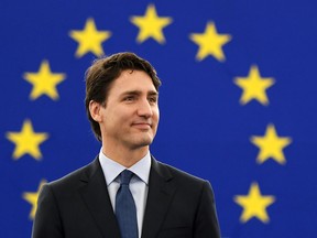 Justin Trudeau arrives to deliver a speech at a plenary session at the European Parliament in Strasbourg, eastern France, on February 16, 2017, a day after MEPs backed the CETA during a vote