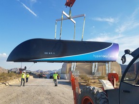 This file photo taken on July 12, 2017 shows the first Prototype of Hyperloop One Pod on July 12, 2017