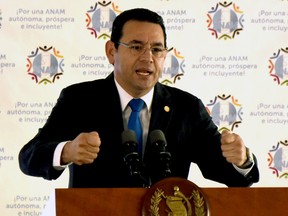 Guatemalan President Jimmy Morales speaks during a meeting with mayors of the whole country in Guatemala City on August 29, 2017