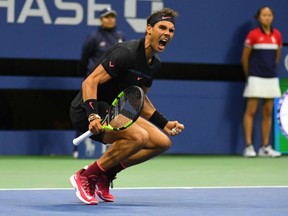 Rafael Nadal of Spain celebrates match point against Juan Martin del Potro of Argentina in their men's semifinal match at  the U.S. Open in New York on Friday night.