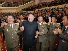 North Korean leader Kim Jong-Un  attending an art performance dedicated to nuclear scientists and technicians, who worked on a hydrogen bomb which the regime claimed to have successfully tested.