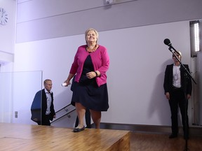 Norway's Prime Minister Erna Solberg arrives for a press conference on September 12, 2017 in Oslo.