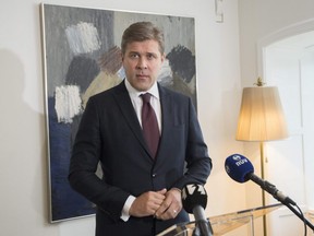Prime Minister of Iceland Bjarni Benediktsson holds a press conference on September 16, 2017 in Reykjavik, Iceland. Iceland's prime minister on Friday September 15, 2017 called for a second snap election in less than a year after a party quit the coalition government because he hid his father's involvement in seeking a clean record for a convicted pedophile.