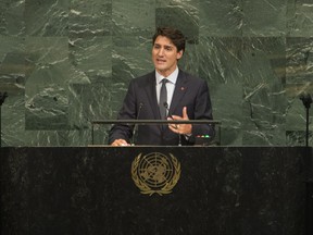 Canadian Prime Minister Justin Trudeau addresses the United Nations General Assembly at the United Nations Headquarters in New York City, Thursday September 21, 2017. THE CANADIAN PRESS/Adrian Wyld