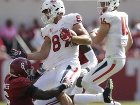 Alabama defensive back Hootie Jones tackles Fresno State tight end Kyle Riddering in the first half of an NCAA college football game, Saturday, Sept. 9, 2017, in Tuscaloosa, Ala. (AP Photo/Brynn Anderson)