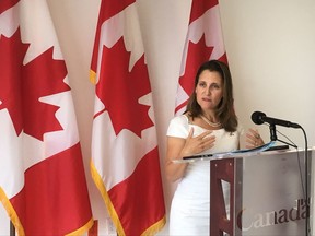 Foreign Affairs Minister Chrystia Freeland addresses reporters at the NAFTA talks in Mexico City, Mexico, Tuesday, Sept.5, 2017. THE CANADIAN PRESS/Alex Panetta