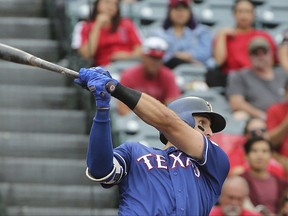 Texas Rangers' Joey Gallo connects on a solo home run against the Los Angeles Angels in the second inning of a baseball game in Anaheim, Calif., Sunday, Sept. 17, 2017. (AP Photo/Reed Saxon)