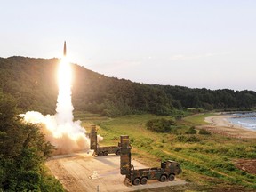 South Korea's Hyunmoo II ballistic missile is fired during an exercise at an undisclosed location in South Korea, Monday, Sept. 4, 2017. In South Korea