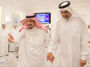 In this Aug. 17, 2017 image released by the state-run Saudi Press Agency, Saudi King Salman, left, meets Qatari Sheikh Abdullah Al Thani, right, at the monarch's vacation home in Tangiers, Morocco. A planned conference in London by a self-described Qatari political activist is the latest move by an exile from the energy-rich country to take advantage of the diplomatic crisis now gripping Doha. (Saudi Press Agency via AP)