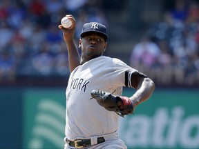 New York Yankees starting pitcher Luis Severino throws to the Texas Rangers in the first inning of a baseball game, Saturday, Sept. 9, 2017, in Arlington, Texas. (AP Photo/Tony Gutierrez)
