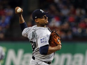 Seattle Mariners starting pitcher Ariel Miranda (37) throws to the Texas Rangers in the second inning of a baseball game, Monday, Sept. 11, 2017, in Arlington, Texas. (AP Photo/Tony Gutierrez)