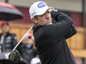 Scott Hend of Australia tees off during the third round of the Omega European Masters Golf Tournament in Crans-Montana, Switzerland, Saturday, Sept. 9, 2017. (Alexandra Wey/Keystone via AP)