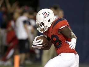 Arizona running back Nick Wilson celebrates after scoring a touchdown against Northern Arizona during the first half of an NCAA college football game, Saturday, Sept. 2, 2017, in Tucson, Ariz. (AP Photo/Rick Scuteri)