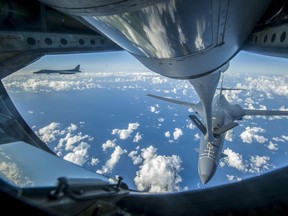 A U.S. Air Force B-1B Lancer receives fuel from a KC-135 Stratotanker near the East China Sea, on September 18, 2017.