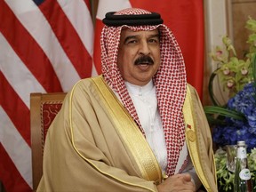 FILE - In this May 21, 2017 file photo, Bahrain's King Hamad bin Isa Al Khalifa speaks during a meeting with U.S. President Donald Trump, in Riyadh, Saudi Arabia. Two Los Angeles-based rabbis say Bahrain's king recently told them he wants the Arab boycott of Israel to end, comments coming as Arab nations slowly have inched closer to Israel over recent years due to their mutually shared suspicions about Iran in the Mideast. (AP Photo/Evan Vucci, File)