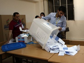 Election officials count ballots after the polls closed in the controversial Kurdish referendum on independence from Iraq, in Irbil, Iraq, Monday, Sept. 25, 2017. The vote is not binding and is not expected to result in independence any time soon, but was hailed as historic by Kurdish leaders spearheading the campaign. (AP Photo/Khalid Mohammed)