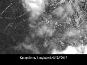 This combination of satellite photos provided by DigitalGlobe, Sept. 16, 2017, left, and May 25, 2017, right, show the thousands of temporary shelters that have been erected in the Kutupalong area of Cox's Bazar, Bangladesh. The photos show refugee camps in Bangladesh growing dramatically since Rohingya Muslims began fleeing violence last month in their nearby homeland of Myanmar. (DigitalGlobe via AP)