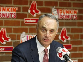 MLB commissioner Rob Manfred speaks at a news conference in Boston on Sept. 5.