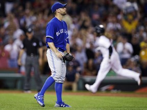 Toronto Blue Jays starting pitcher Marco Estrada walks away from the mound as Red Sox designated hitter Hanley Ramirez rounds the bases on his solo home run during the third inning at Fenway Park in Boston on Wednesday night.
