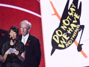 Madeleine Thien gives an acceptance speech after winning the 2016 Giller Prize for her book Do Not Say We Have Nothing, alongside late Giller Prize founder Jack Rabinovitch.