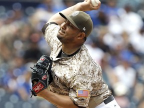 San Diego Padres starting pitcher Jhoulys Chacin throws to the plate against the Los Angeles Dodgers during the first inning of a baseball game in San Diego, Sunday, Sept. 3, 2017. (AP Photo/Alex Gallardo)