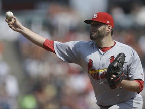 St. Louis Cardinals pitcher Lance Lynn works against the San Francisco Giants in the first inning of a baseball game Saturday, Sept. 2, 2017, in San Francisco. (AP Photo/Ben Margot)