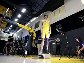 Los Angeles Lakers guard Lonzo Ball poses for a picture during the NBA basketball team's media day in El Segundo, Calif., Monday, Sept. 25, 2017. (AP Photo/Chris Carlson)