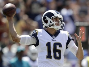Los Angeles Rams quarterback Jared Goff passes against the Indianapolis Colts during the first half of an NFL football game Sunday, Sept. 10, 2017, in Los Angeles. (AP Photo/Jae C. Hong)