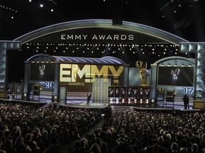 Host Stephen Colbert speaks at the 69th Primetime Emmy Awards on Sunday, Sept. 17, 2017, at the Microsoft Theater in Los Angeles. (Photo by Chris Pizzello/Invision/AP)