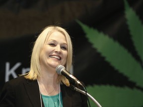 California top state pot regulator Lori Ajax addresses an industry group meeting in Long Beach, Calif., Thursday, Sept. 28, 2017. California's emerging marijuana industry is being rattled by an array of unknowns, as the state races to issue its first licenses to grow and sell legal recreational pot on Jan. 1. Ajax says she doesn't know how many operators will come forward to seek licenses. Proposition 64, which legalized recreational pot use for adults, takes effect next year. (AP Photo/Damian Dovarganes)