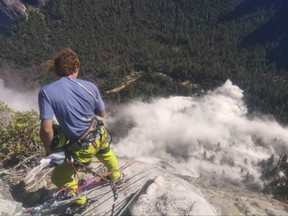 Climber Ryan Sheridan who had just reached the top of El Capitan, when a rock slide let loose below him Thursday, Sept. 28, 2017, in Yosemite National Park, Calif.