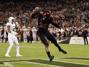 San Diego State running back Rashaad Penny reacts after scoring a touchdown during the first half of an NCAA college football game against Stanford on Saturday, Sept. 16, 2017, in San Diego. (AP Photo/Gregory Bull)